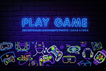 Console community neon banner in style. Game icons, Gamepad on a brick background. Video games, game club, leisure. Can be used for advertising, street wall signage, web design