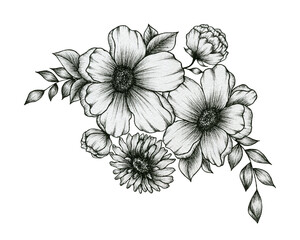 hand drawn bouquet of flowers isolated on white, black and white ink floral design with flowers and leaves, vintage floral autumn decoration, black floral sketch
