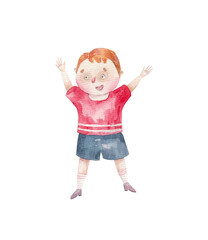 joyful little boy with red hair, in a red t-shirt, children's illustration drawn by hand in watercolor on a white background, postcard printing, printing, decor