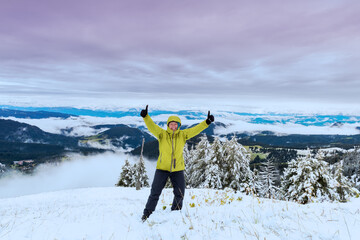 middle aged woman on mountain peak against beautiful mountains Travel Success Achievement