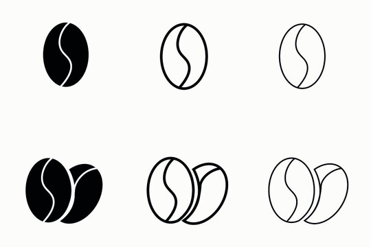 Set of coffee bean icons on a white background, black and white, vector graphics.