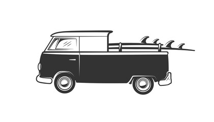 Van with surfboard isolated on white background