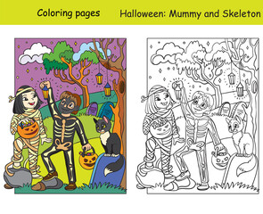 Coloring with colored example Halloween mummy and skeleton