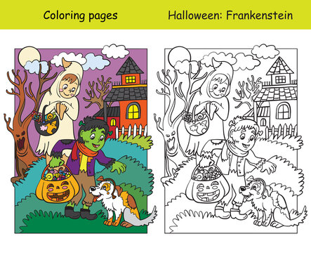 Coloring with colored example Halloween characters and dog