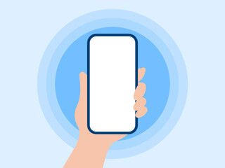 Hand holding a mobile phone on blue background
