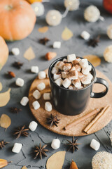 Fototapeta na wymiar Hot chocolate with marshmallow, cocoa powder, star anise and cinnamon served in a black mug, pumpkins and dried yellow leaves as a decor. Autumn inspired dessert. Warm drink