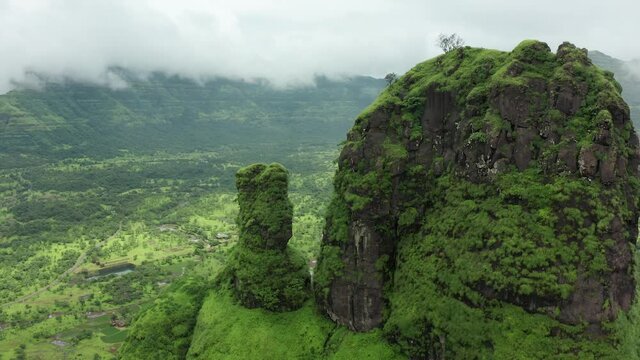 drone approaching a Unique Benevolent Mountains peak of the Sahyadri in the Western ghats