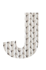 Letter " J " is a knitted of the alphabet isolated on a white background. Illustration of a collection of alphabet numbers of knitted pigtails background for a design project, poster, postcard