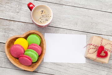 Valentines day card with gift, cookies and coffee cup