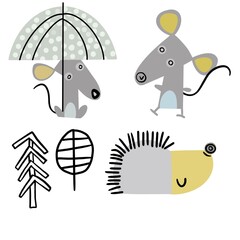 Children's drawings, mice, hedgehog, trees
