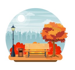 beautiful autumn city park with bench and town building background. Beautiful urban fall park for banner, poster, web. Vector illustration in flat style.