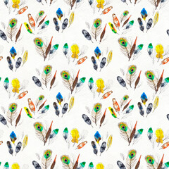 Watercolor feathers seamless pattern. Hand painted texture