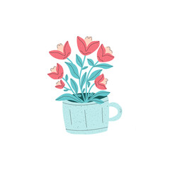 A mug with bouquet of red tulip flowers. Vector illustration with light texture, hand drawn flat style.