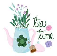 tea time teapot and teabag flowers kitchen drinkware, floral design cartoon