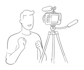 Video content creator man recording program front camera sketches hand drawing white isolated background