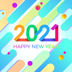 2021 Happy New Year. Paper Memphis geometric bright style for holidays flyers, greetings, invitations, Happy New Year or Merry Christmas cards. Holiday background, poster, banner. Vector Illustration.