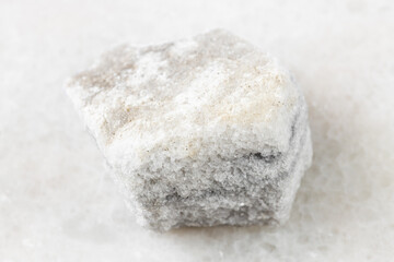 closeup of sample of natural mineral from geological collection - unpolished Marble rock on white marble background from Moscow region, Russia