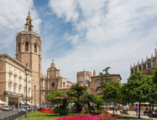 Fototapeta premium Valencia, Spain: cathedral in the old town, seen from Plaza de la Reina