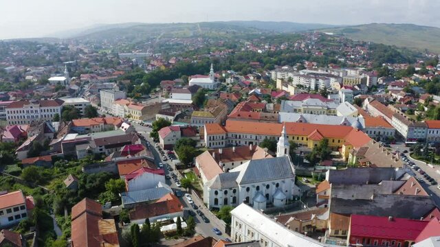 Aerial shot above Turda city centre in Transylvania, Romania