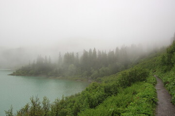 See und Wald in den Alpen im wolkenverhangenen Nebel