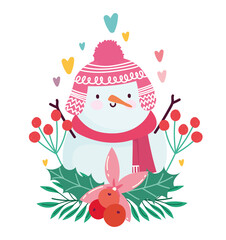 merry christmas, snowman flower mistletoe and hearts, decoration celebration card for greeting