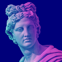 Statue of of Apollo God of Sun. Creative concept colorful neon image with ancient greek sculpture...