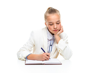 Portrait of Tranquil Caucasian Teenager Girl in White Jacket Posing with Notebook Indoor. Isolated...