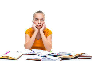 Portrait of Caucasian Teenager Girl Posing with Plenty of Notebooks Indoor. Isolated On White.