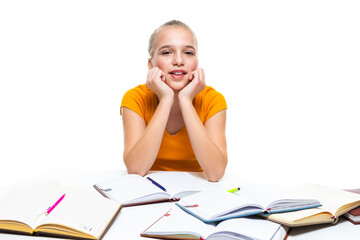 Caucasian Teenager Girl Posing with Notebooks Indoors. Isolated On White.