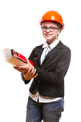 Portrait of Caucasian Teenager Girl With Drawing Paper Rolls and Measurement Level. Posing in Hard Hat Against White.