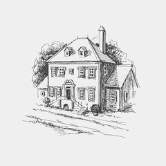Hand-drawn old English house, manor. Sketch of traditional European architecture of the 19th century. Vector illustration on a light background.