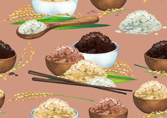Watercolor seamless pattern of compositions with three types of rice grains and plants