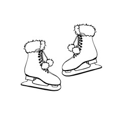 Illustration of vintage Christmas skates. Coloring book black and white illustration isolated on a white background