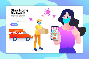 Stay home. Save lives. Shopping online and fast shipping while self quarantine in social distancing Coronavirus COVID-19 outbreak concept.