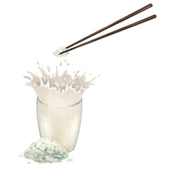 Watercolor plant based milk splashing out of the glass decorated with the handful of rice and wooden sticks