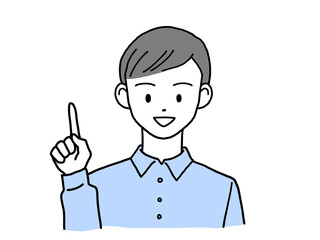 笑顔で指差しポーズをとる若い男性 左手