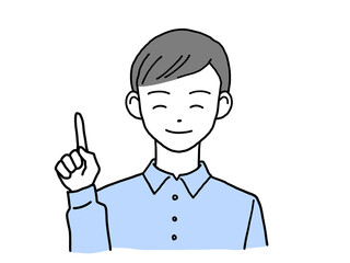 笑顔で指差しポーズをとる若い男性 左手