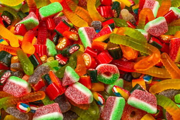 Assorted gummy candies. Top view. Jelly  sweets background.