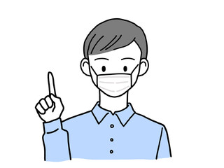 指差しポーズをとる若い男性 マスク姿 左手