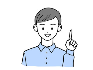 笑顔で指差しポーズをとる若い男性 右手