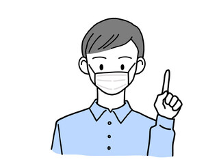 指差しポーズをとる若い男性 マスク姿 右手