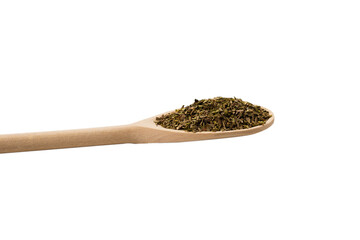 Oregano spice in wooden spoon isolated.