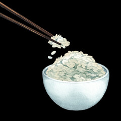 Watercolor bowl of white rice with the wooden sticks