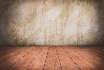 Old concrete wall texture and brown wooden floors for decoration background or backdrop.