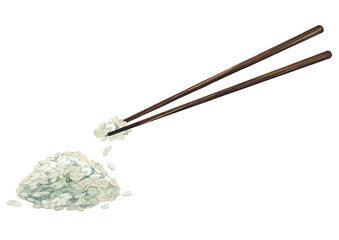 Watercolor bowl of white rice with the wooden sticks