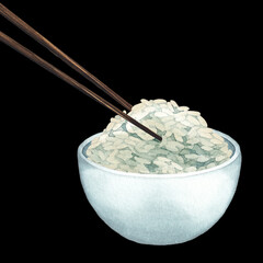 Watercolor bowl of white rice with the wooden sticks