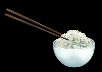 Watercolor bowl of white rice with the wooden sticks