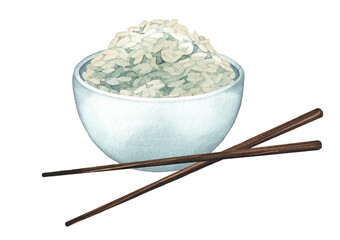 Watercolor bowl of white rice with the wooden sticks