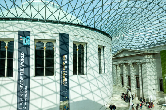London, UK, February 27, 2011 : The British Museum futuristic glass ceiling roof of the Great Court central quadrangle which is a popular travel destination tourist attraction landmark of the city
