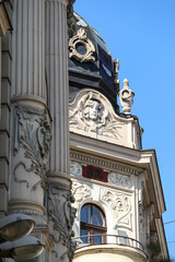 Artistic exterior of old building in city